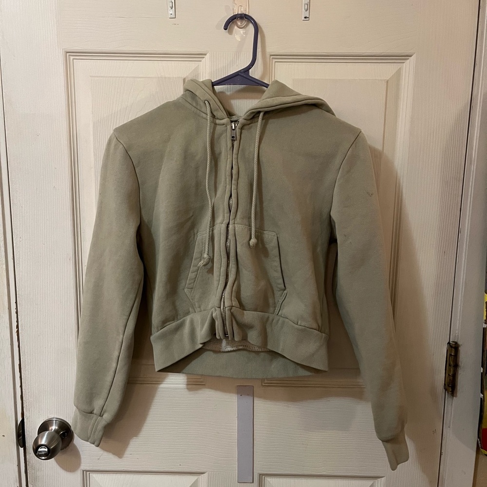 Olive Green Brandy Melville Cropped Zip-Up Hoodie